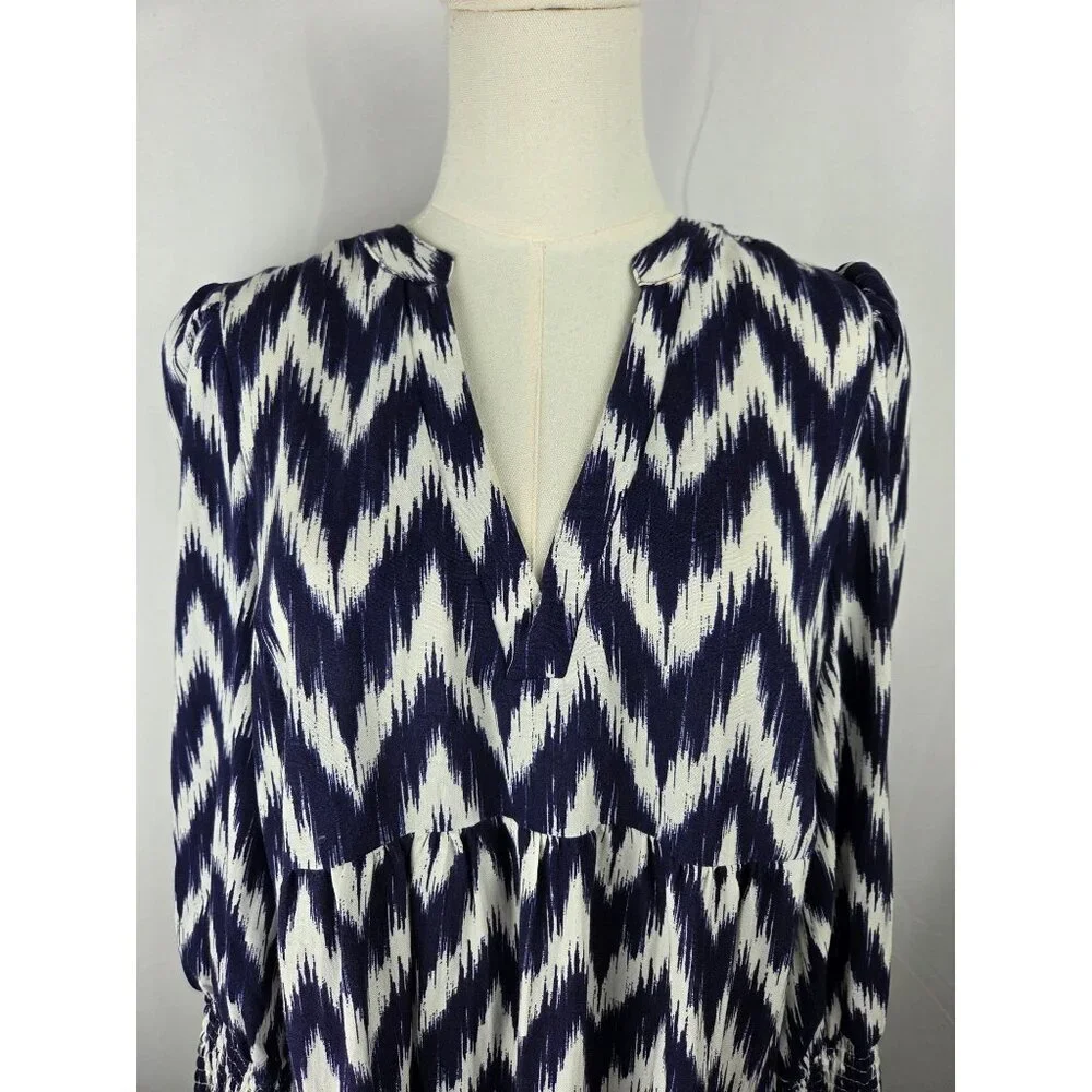 Pomander Place Navy Ikat Kenzo Mini Dress Medium Empire Waist Swing Boho Preppy - Picture 3 of 11